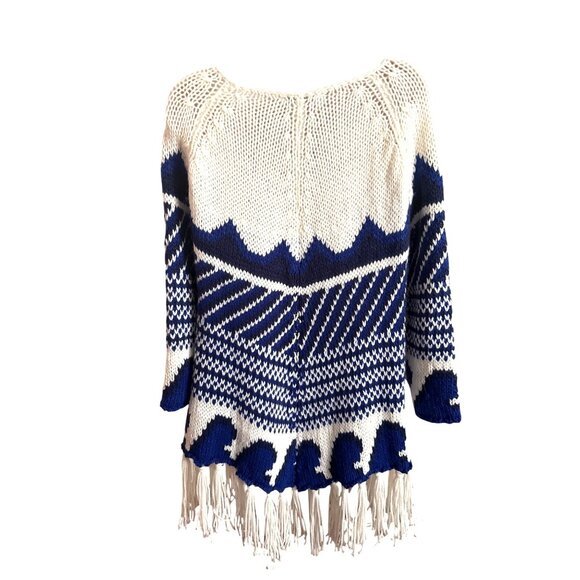 Piperlime Knit Fringe Sweater S Blue White Boho Poncho Style Pullover Festival - Picture 2 of 10